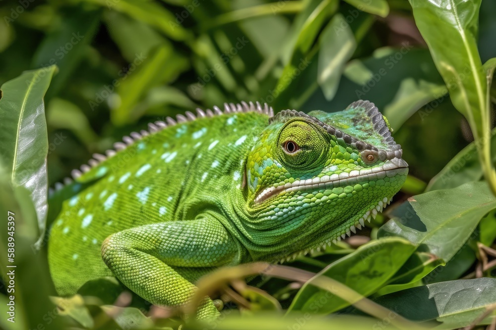close-up of a vibrant green lizard perched on a tree branch. Generative AI close-up of a vibrant green lizard perched on a tree branch. Generative AI