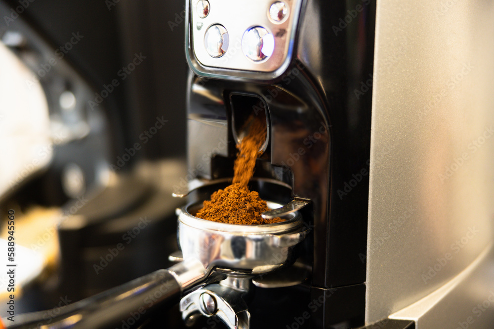 Coffee beans grounded to fine consistency for an espresso shot