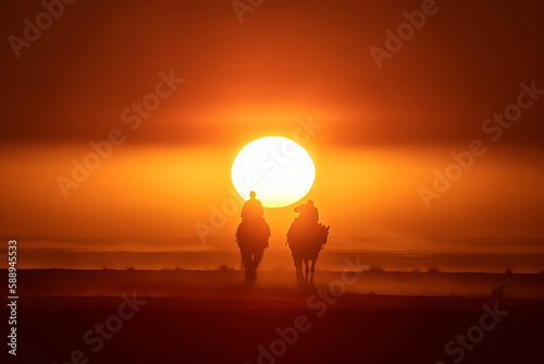 Photorealistic ai artwork of sunset with mountains and cowboys silhouetted against the sun. Generative ai.