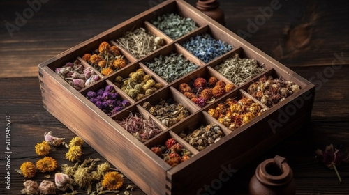 Healing herbs in wooden box on table. Herbal, medicinal ingredients. © Caseyjadew