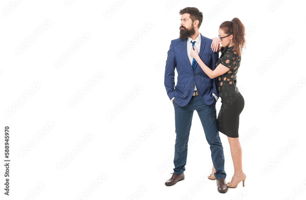 Dress for success. Dressing for business meeting. Bearded man and sexy girl in formalwear. Business couple wear formal style. Formal meeting. Attire for business and meeting. Meeting or job interview Dress for success. Dressing for business meeting. Bearded man and sexy girl in formalwear. Business couple wear formal style. Formal meeting. Attire for business and meeting. Meeting or job interview