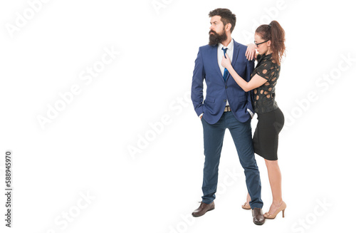 Dress for success. Dressing for business meeting. Bearded man and sexy girl in formalwear. Business couple wear formal style. Formal meeting. Attire for business and meeting. Meeting or job interview