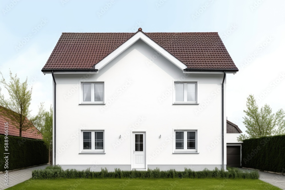 suburban house with two stories, white exterior and brown roof. Generative AI