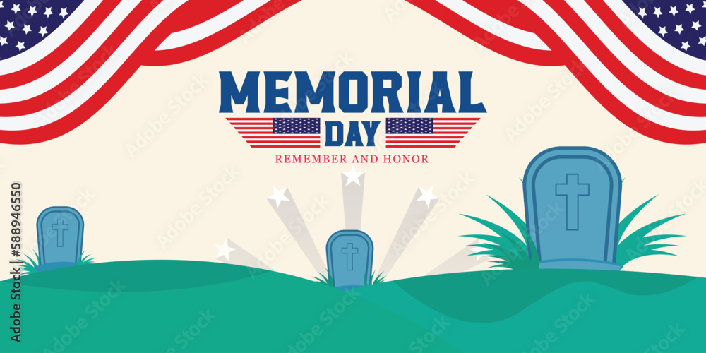 memorial day banner design with flag and symbol's and decorate font ...