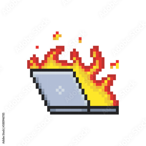 Burning computer, pixel art object