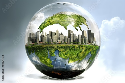 miniature city encapsulated in a glass globe. Generative AI © 2rogan