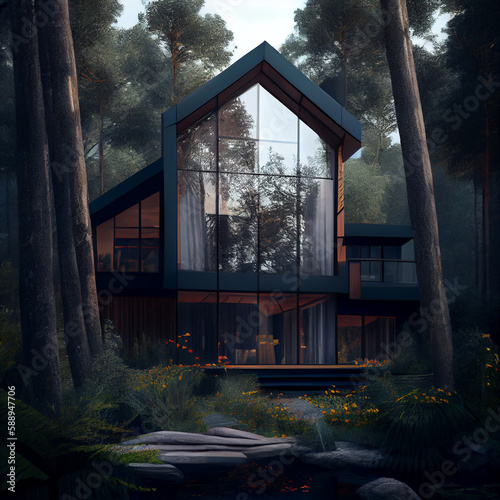 A beautiful house in a forest with bamboo sticks photo