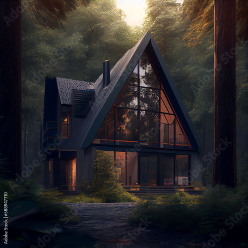 A beautiful house in a forest with bamboo sticks photo