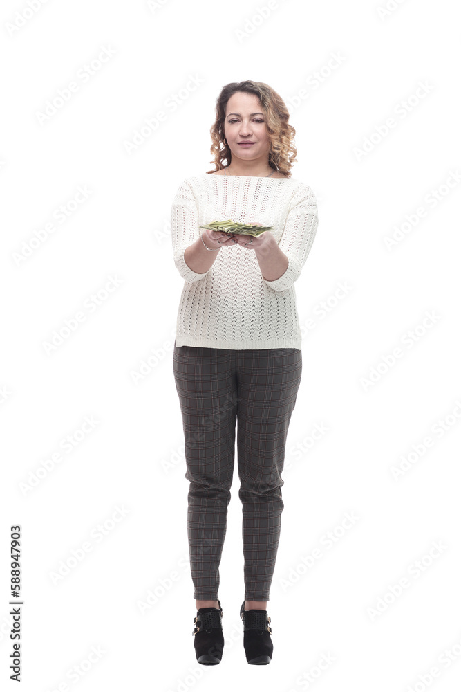 happy young woman with banknotes. isolated on a white happy young woman with banknotes. isolated on a white