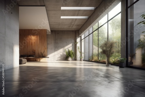 Interior with natural light and concrete walls and floors. mock up. Generative AI © 2rogan