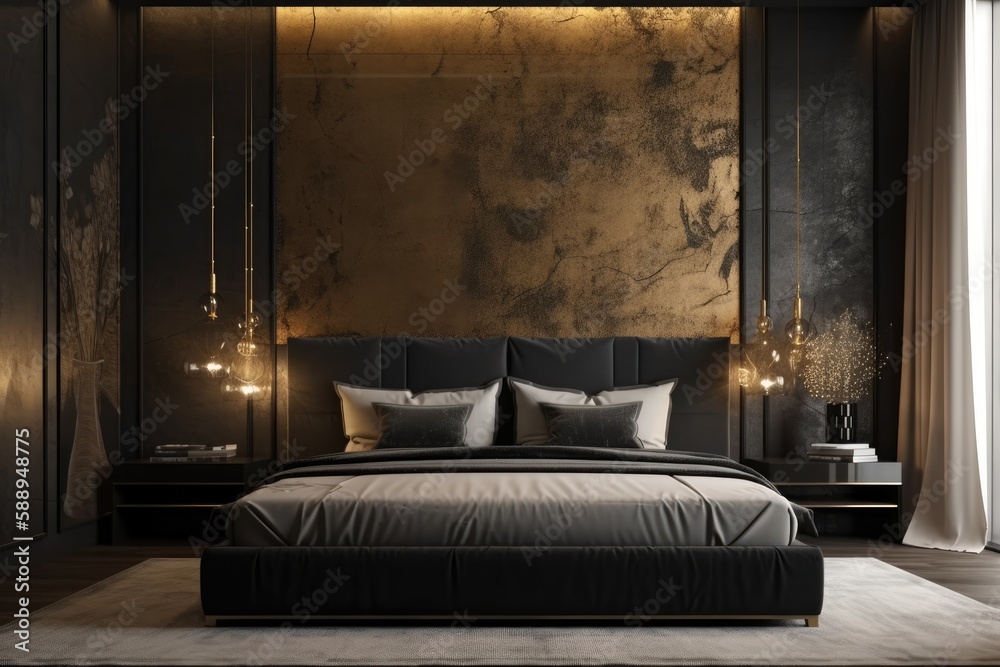 A contemporary hotel room's black and beige bedroom has a big ivory bed. Blank taupe wall and white linen sheets. Background for art with plaster or microcement stucco texture. opulent interior space A contemporary hotel room's black and beige bedroom has a big ivory bed. Blank taupe wall and white linen sheets. Background for art with plaster or microcement stucco texture. opulent interior space