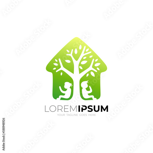 Child is reading under the tree, Tree logo and house design combination,