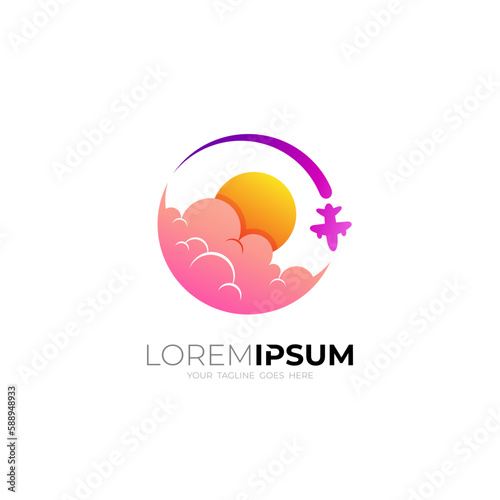 Airplane logo and traveling icons, aircraft and cloud design vector