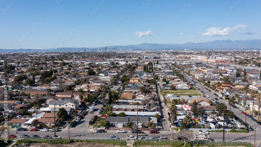 Afternoon aerial view of a neighborhood of Watts, California, USA.
