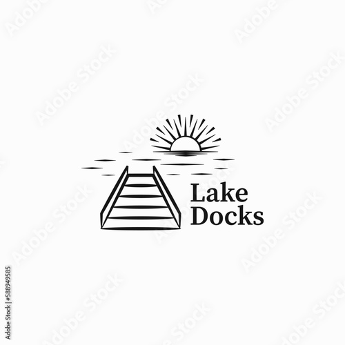 creative lake docks landscape sign logo business vector design concept with outline, line art and modern styles. elegant wooden village port logo design vector illustration isolated on white 