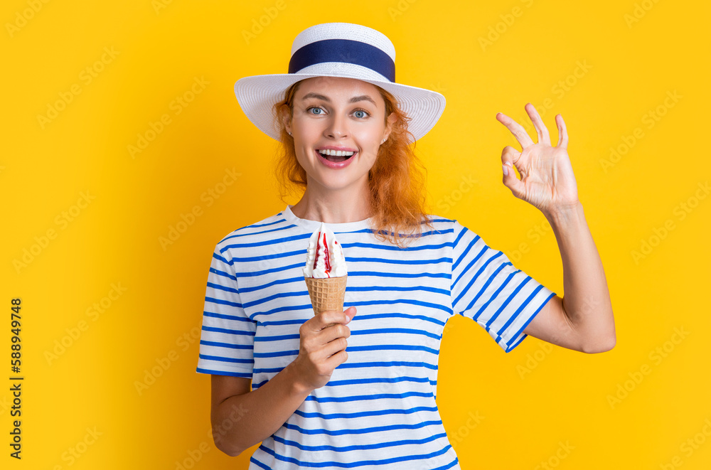 summer girl with cone icecream isolated on yellow, ok. summer girl with cone icecream summer girl with cone icecream isolated on yellow, ok. summer girl with cone icecream
