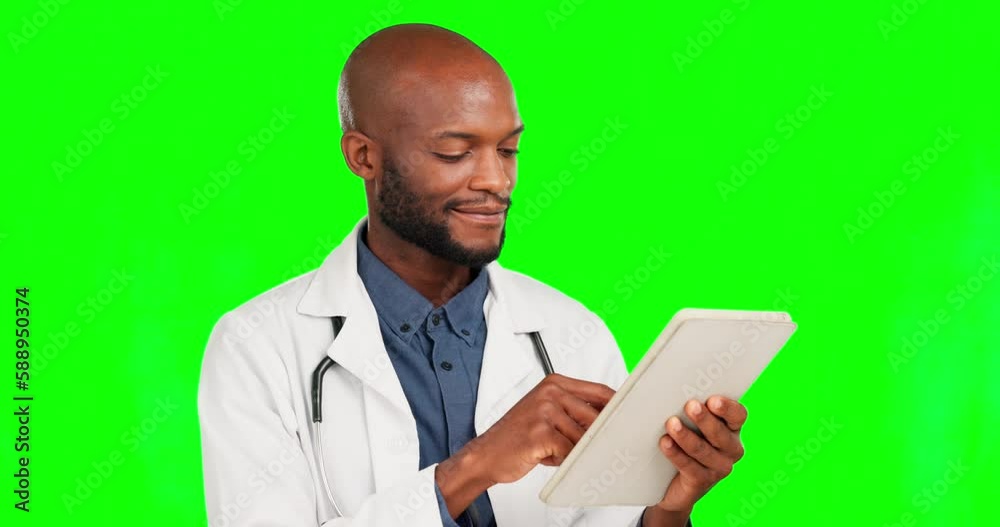 Doctor thinking, green screen tablet or black man reading medical report, healthcare development or clinic innovation. Research focus idea, hospital cardiology or chroma key male on studio background Doctor thinking, green screen tablet or black man reading medical report, healthcare development or clinic innovation. Research focus idea, hospital cardiology or chroma key male on studio background