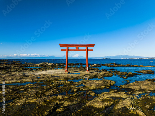 葉山 海 神社 鳥居 富士山