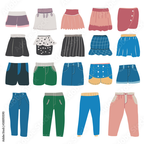 Set of pants, shorts and skirt.