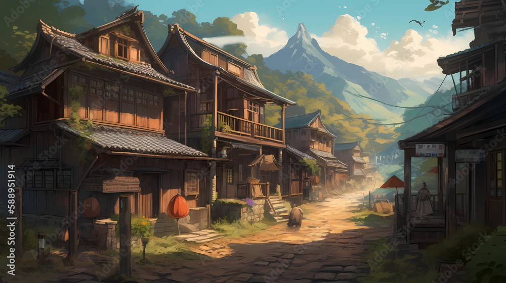 charming village nestled beside mountain, digital art illustration, Generative AI