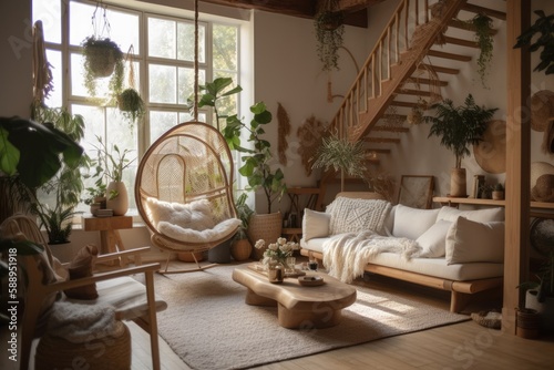 Boho style rustic mezzanine living room. Sofa, rattan armchair, wooden side table. Jute carpet, potted plants. Bohemian decor,. Generative AI