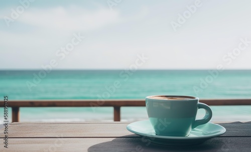 Beachfront coffee mug, vacation and lifestyle concept, image created with AI