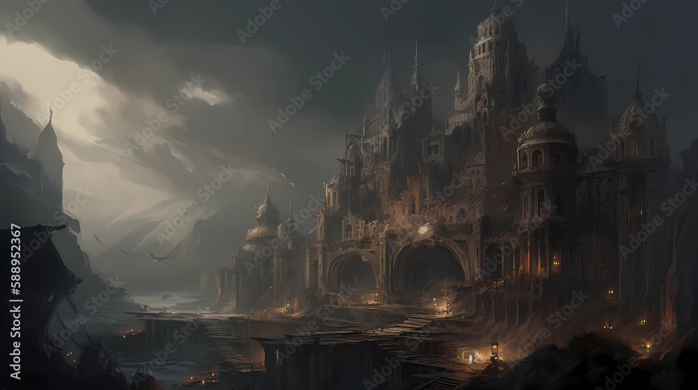 Naklejka premium castle city of darkness and shadows, digital art illustration, Generative AI