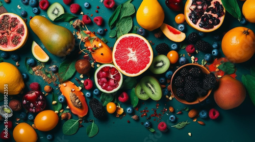 Vibrant flat lay background image with fruits and berries. Healthy eating concept with copy space.