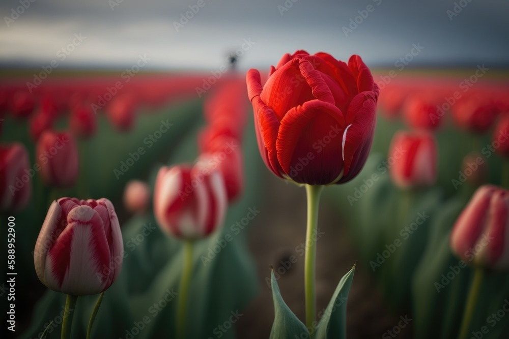 Fototapeta premium Close up red and white tulips in the garden field, generative AI