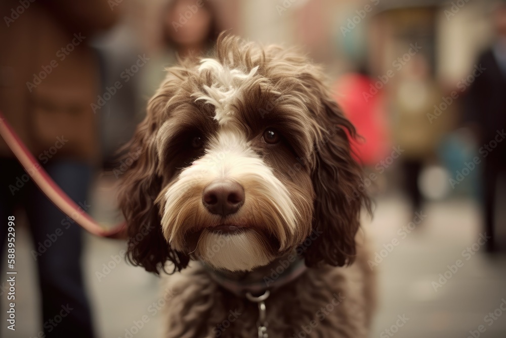 Dog walking in the city with its owner, generative AI Dog walking in the city with its owner, generative AI
