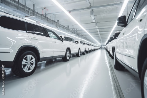Row of modern white SUV cars in a modern car factory, with a clean and bright, AI generated