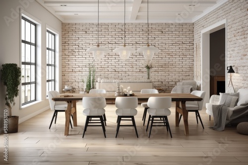 Interior of a dining room made of white brick with a wooden floor, a long table surrounded by seats, and a living room in the distance. a mockup. Generative AI