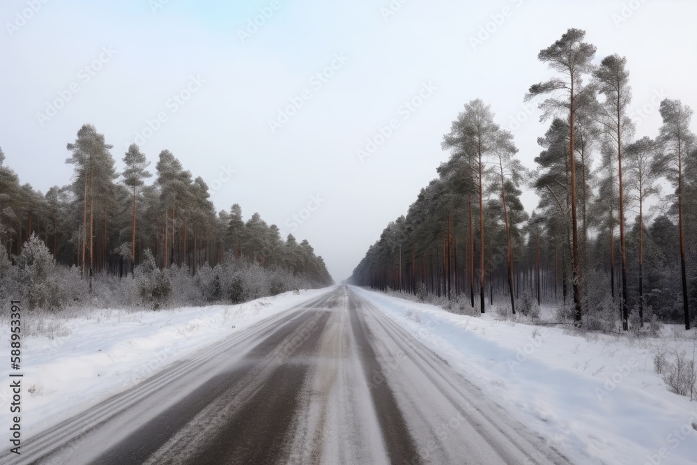 winter forest scenery with a snow-covered road. Generative AI