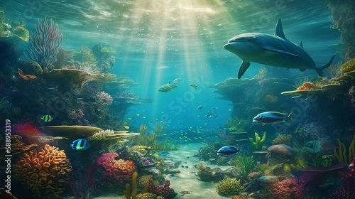 Discover the Vibrant Underwater World in Ultra HD: Dolphins, Coral Reef, and Marine Life in All Its Super Details and Splendor, Generative AI