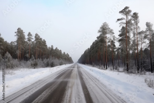 winter forest scenery with a snow-covered road. Generative AI © 2rogan