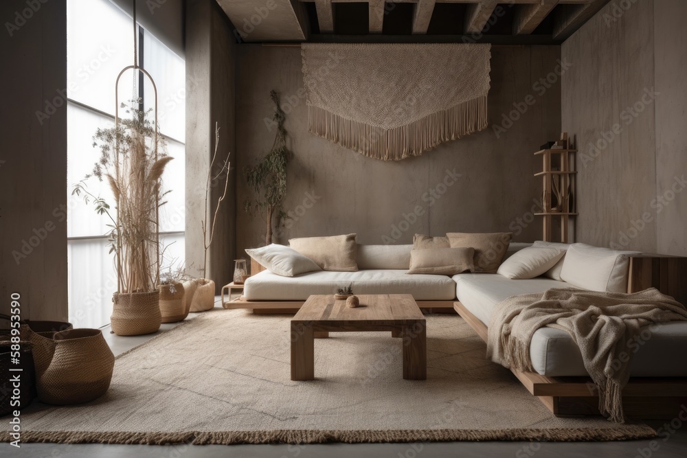 White and beige wabi sabi living room with plaster walls and bleached ...