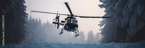 A black helicopter in winter mountains, in a covert, undercover mission. undercover activity concept. Generative AI based. 