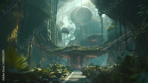 Fototapeta Naklejka Na Ścianę i Meble -  futuristic jungle scene, digital art illustration, Generative AI