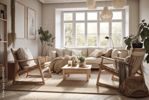 Beige Scandinavian farmhouse living room with natural wood furnishings. Illustration. Generative AI