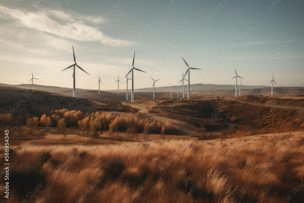 Obraz premium Multiple wind turbines. Generative AI