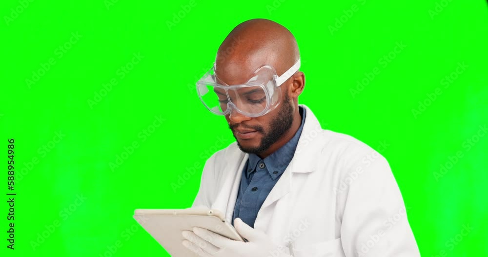 Test tablet, black man or green screen scientist focus on scientific experiment, lab research or medical development. Laboratory analysis, science study or chroma key male typing on studio background Test tablet, black man or green screen scientist focus on scientific experiment, lab research or medical development. Laboratory analysis, science study or chroma key male typing on studio background