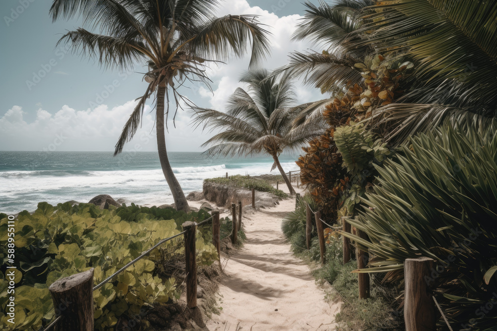 Obraz premium Pathway with palm trees leading to the beach. Generative AI