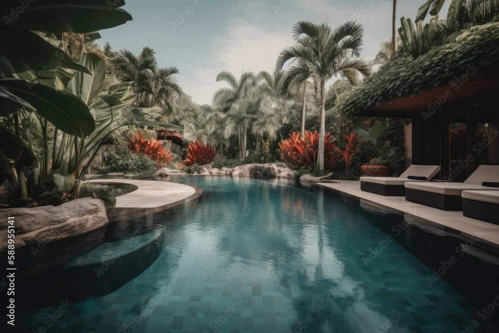 Pool at luxury tropical villa while on vacation. Generative AI