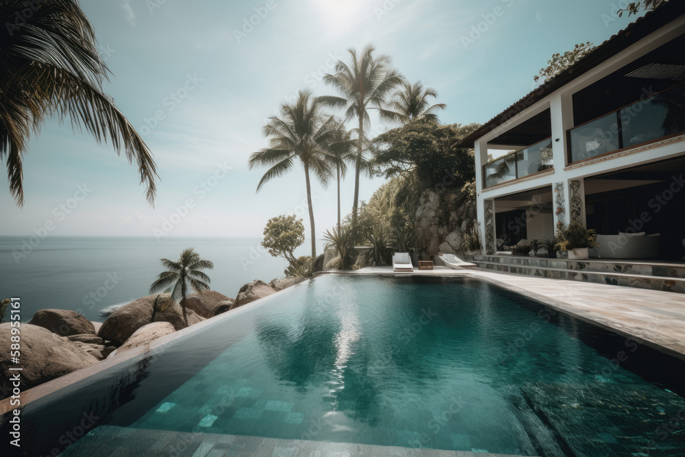 Fototapeta premium Pool at luxury tropical villa while on vacation. Generative AI
