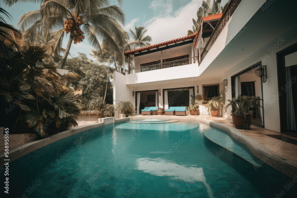 Fototapeta premium Pool at luxury tropical villa while on vacation. Generative AI