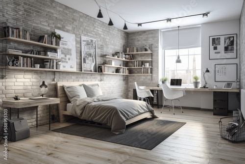 Interior of a bedroom with a wooden floor and walls made of white and gray brick. A home office area with a computer desk and bookcases is located next to the double white and gray bed. model posters © 2rogan