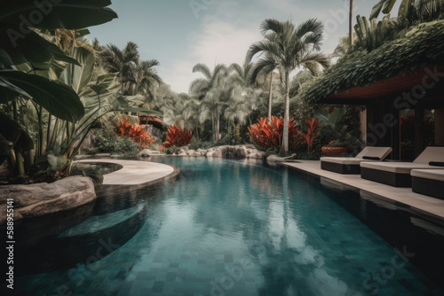 Pool at luxury tropical villa while on vacation. Generative AI