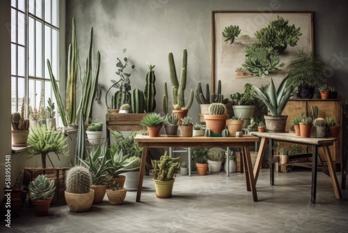 Beautiful plants, cactus, succulents, and air plants are arranged in variously shaped pots in a stylish indoor home garden composition. domestic gardening idea jungle at home. SPCAE copy. Template
