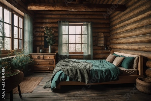 Green beige log cabin bedroom. Double bed  wooden side tables. Frame mockup  farmhouse interior . Generative AI