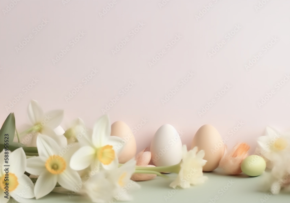 easter eggs and white flowers tulips